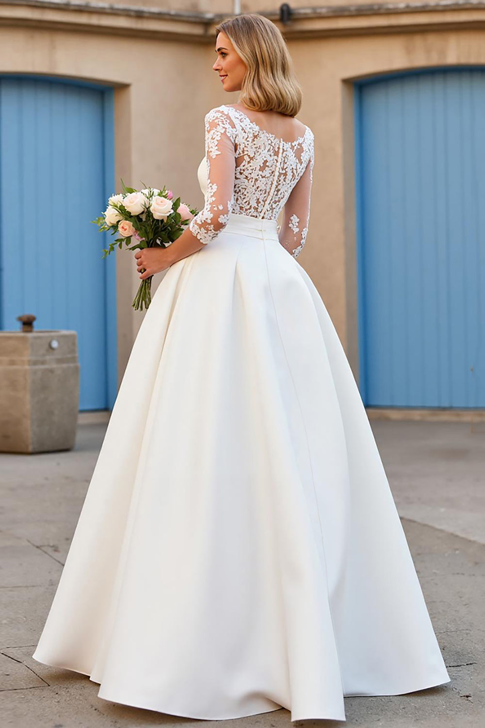 Ivory Satin V-Neck Sweep Train Wedding Dress with Sleeves