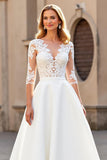 Ivory Satin V-Neck Sweep Train Wedding Dress with Sleeves