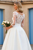 Ivory Satin V-Neck Sweep Train Wedding Dress with Sleeves