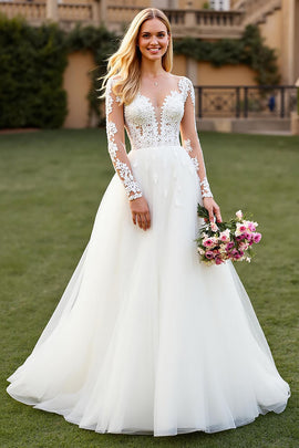 Ivory Tulle A Line Sweep Train Long Sleeves Wedding Dress with Lace