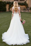 Ivory Tulle A Line Sweep Train Long Sleeves Wedding Dress with Lace