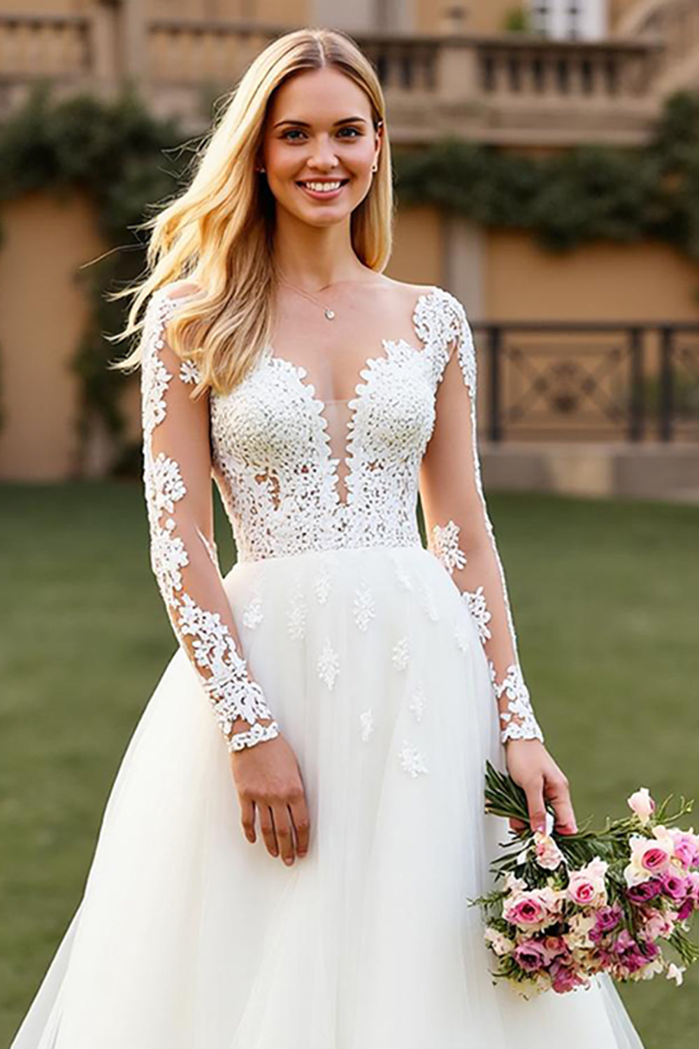 Ivory Tulle A Line Sweep Train Long Sleeves Wedding Dress with Lace