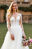 Ivory Tulle A Line Sweep Train Long Sleeves Wedding Dress with Lace