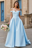 Sky Blue Off the Shoulder Satin Sweep Train Wedding Dress with Bow