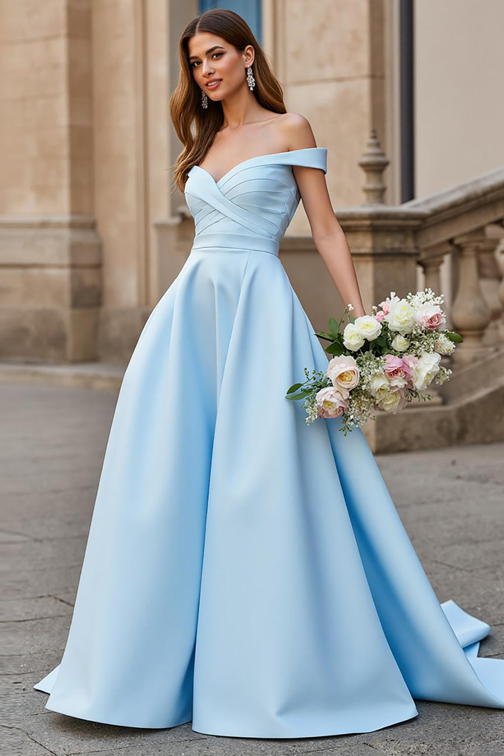 Sky Blue Off the Shoulder Satin Sweep Train Wedding Dress with Bow
