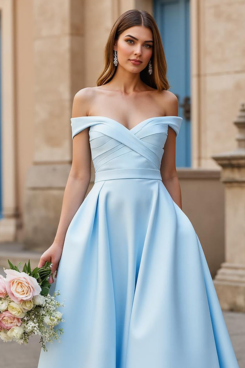Sky Blue Off the Shoulder Satin Sweep Train Wedding Dress with Bow
