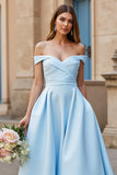 Sky Blue Off the Shoulder Satin Sweep Train Wedding Dress with Bow
