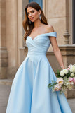 Sky Blue Off the Shoulder Satin Sweep Train Wedding Dress with Bow