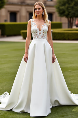 Ivory V-Neck Sweep Train Satin Wedding Dress with Lace