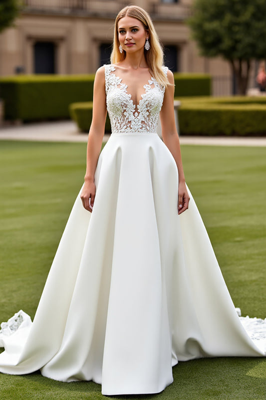 Ivory V-Neck Sweep Train Satin Wedding Dress with Lace