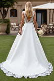 Ivory V-Neck Sweep Train Satin Wedding Dress with Lace