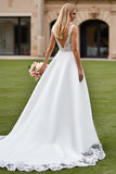 Ivory V-Neck Sweep Train Satin Wedding Dress with Lace
