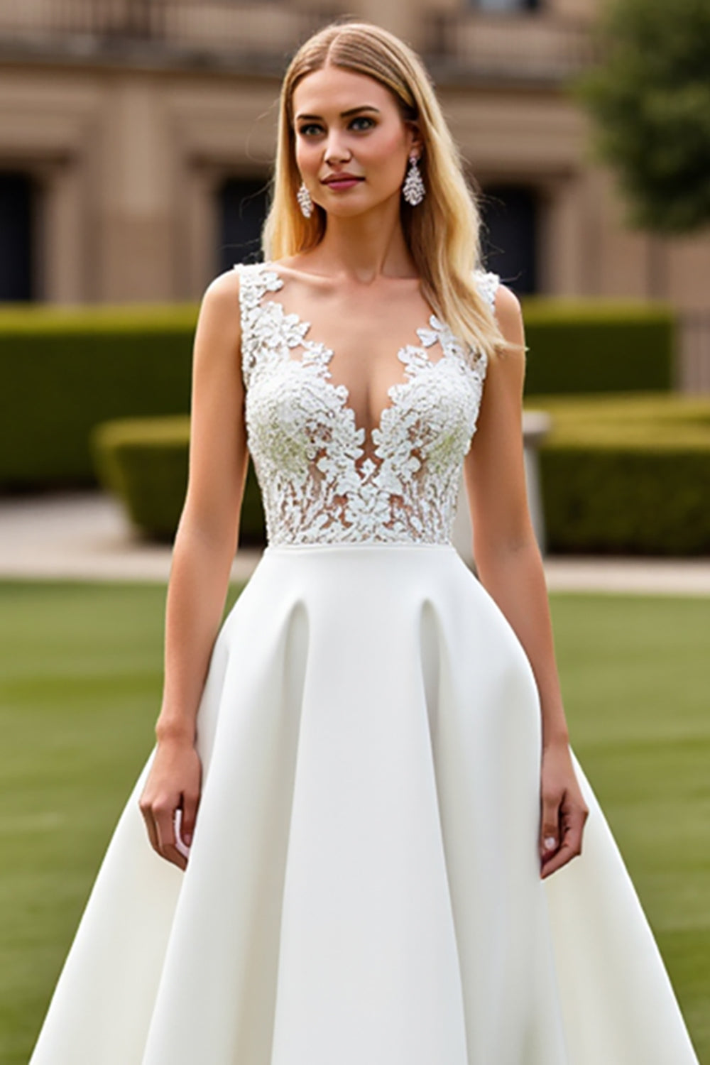 Ivory V-Neck Sweep Train Satin Wedding Dress with Lace