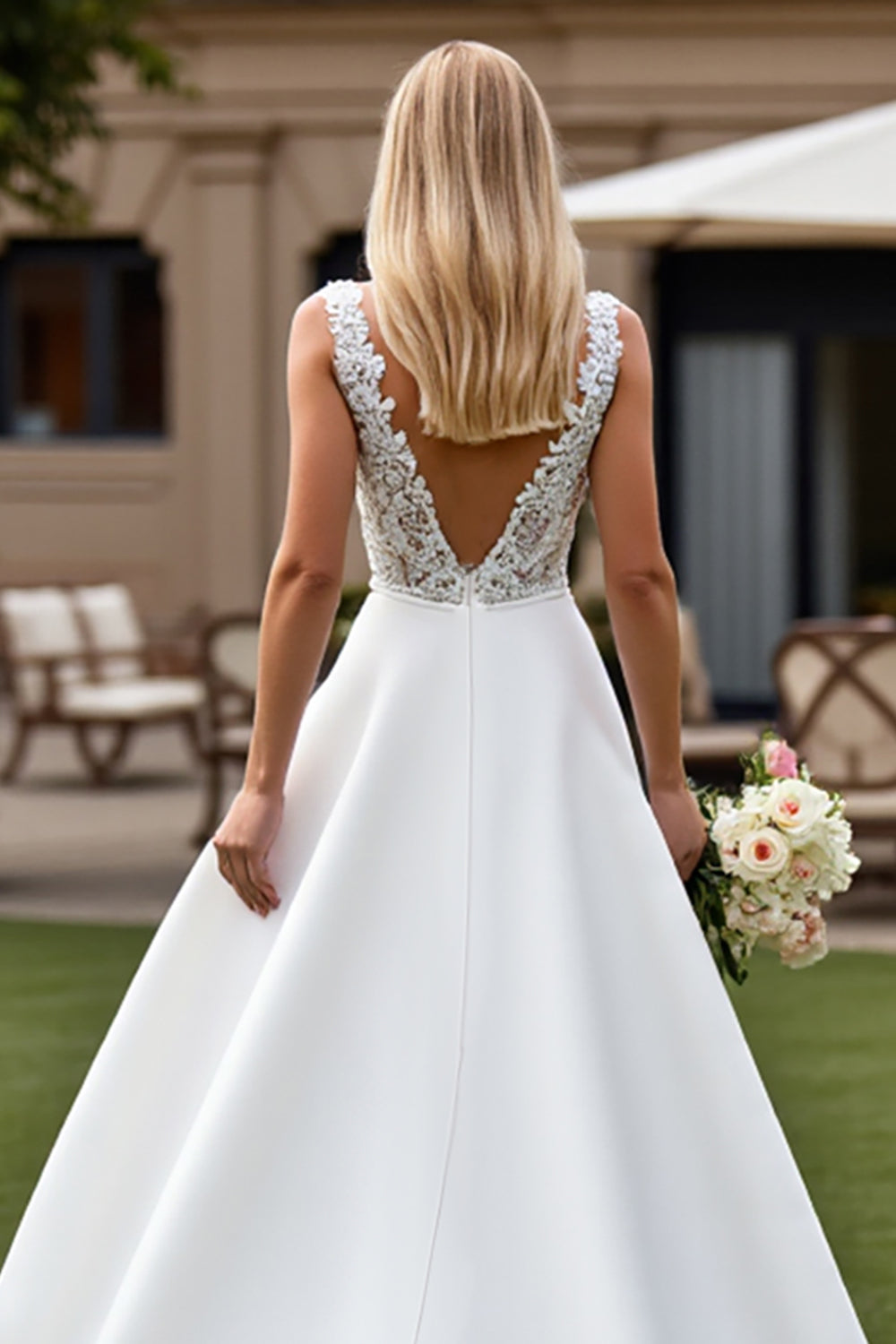 Ivory V-Neck Sweep Train Satin Wedding Dress with Lace