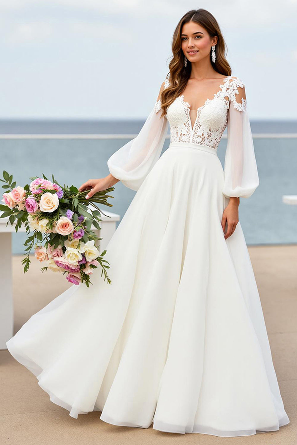 Ivory V-Neck Chiffon Sweep Train Wedding Dress with Sleeves