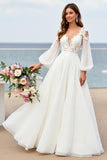 Ivory V-Neck Chiffon Sweep Train Wedding Dress with Sleeves