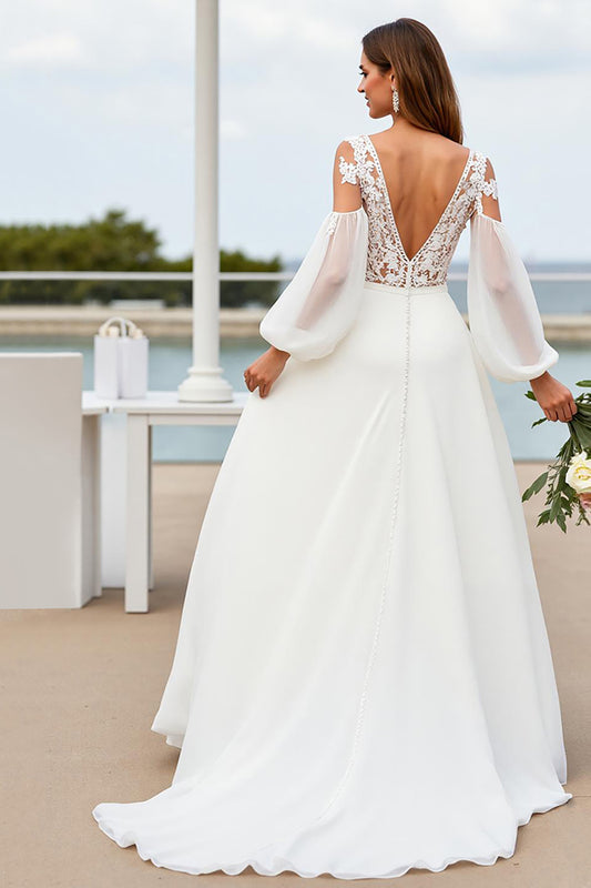 Ivory V-Neck Chiffon Sweep Train Wedding Dress with Sleeves