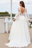 Ivory V-Neck Chiffon Sweep Train Wedding Dress with Sleeves
