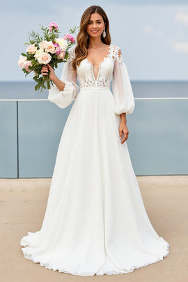 Ivory V-Neck Chiffon Sweep Train Wedding Dress with Sleeves