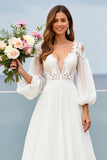 Ivory V-Neck Chiffon Sweep Train Wedding Dress with Sleeves