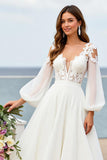 Ivory V-Neck Chiffon Sweep Train Wedding Dress with Sleeves