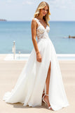 Ivory A Line Sweep Train Boho Wedding Dress with Slit