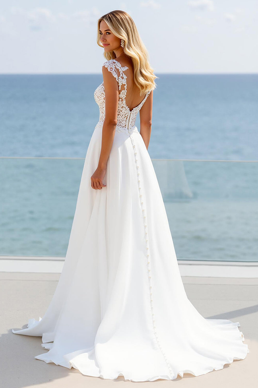 Ivory A Line Sweep Train Boho Wedding Dress with Slit
