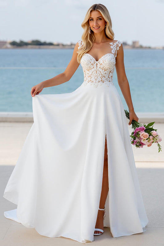 Ivory A Line Sweep Train Boho Wedding Dress with Slit