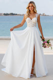 Ivory A Line Sweep Train Boho Wedding Dress with Slit