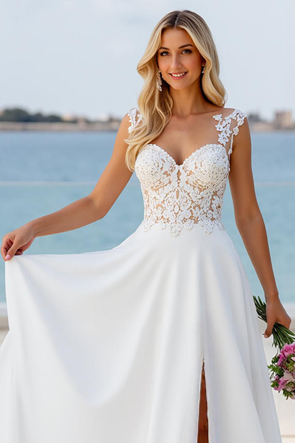 Ivory A Line Sweep Train Boho Wedding Dress with Slit