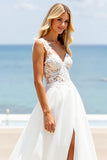 Ivory A Line Sweep Train Boho Wedding Dress with Slit