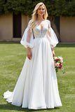 Ivory A Line Long Sleeves Sweep Train Wedding Dress with Lace