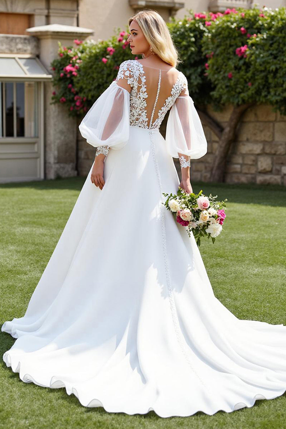Ivory A Line Long Sleeves Sweep Train Wedding Dress with Lace