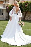 Ivory A Line Long Sleeves Sweep Train Wedding Dress with Lace