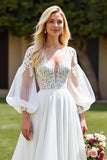 Ivory A Line Long Sleeves Sweep Train Wedding Dress with Lace