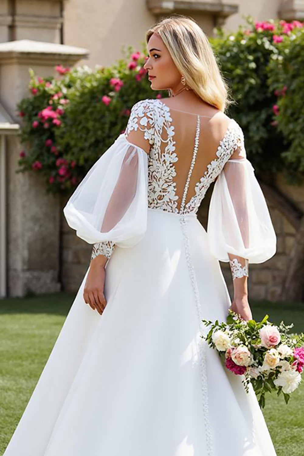 Ivory A Line Long Sleeves Sweep Train Wedding Dress with Lace