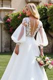 Ivory A Line Long Sleeves Sweep Train Wedding Dress with Lace