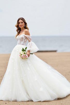Ivory Off the Shoulder Tulle Sweep Train Wedding Dress with Lace
