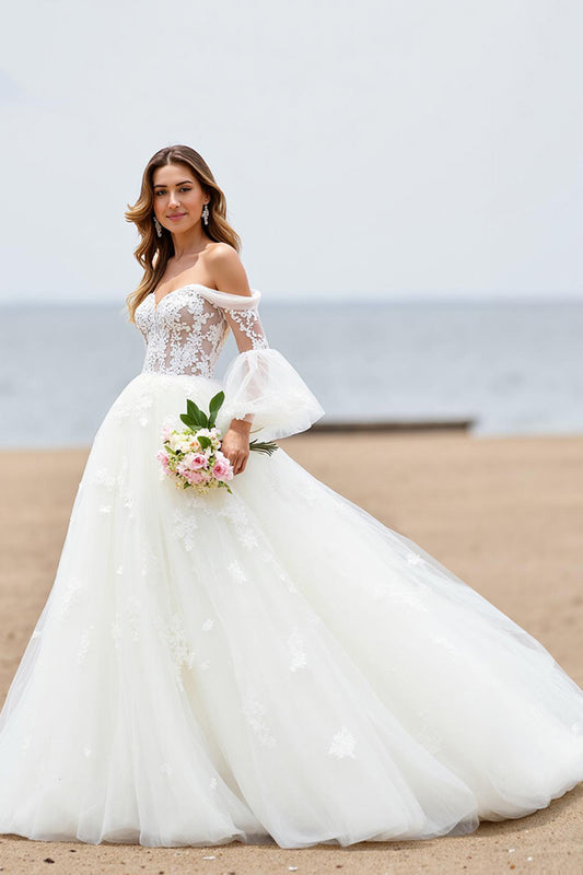 Ivory Off the Shoulder Tulle Sweep Train Wedding Dress with Lace