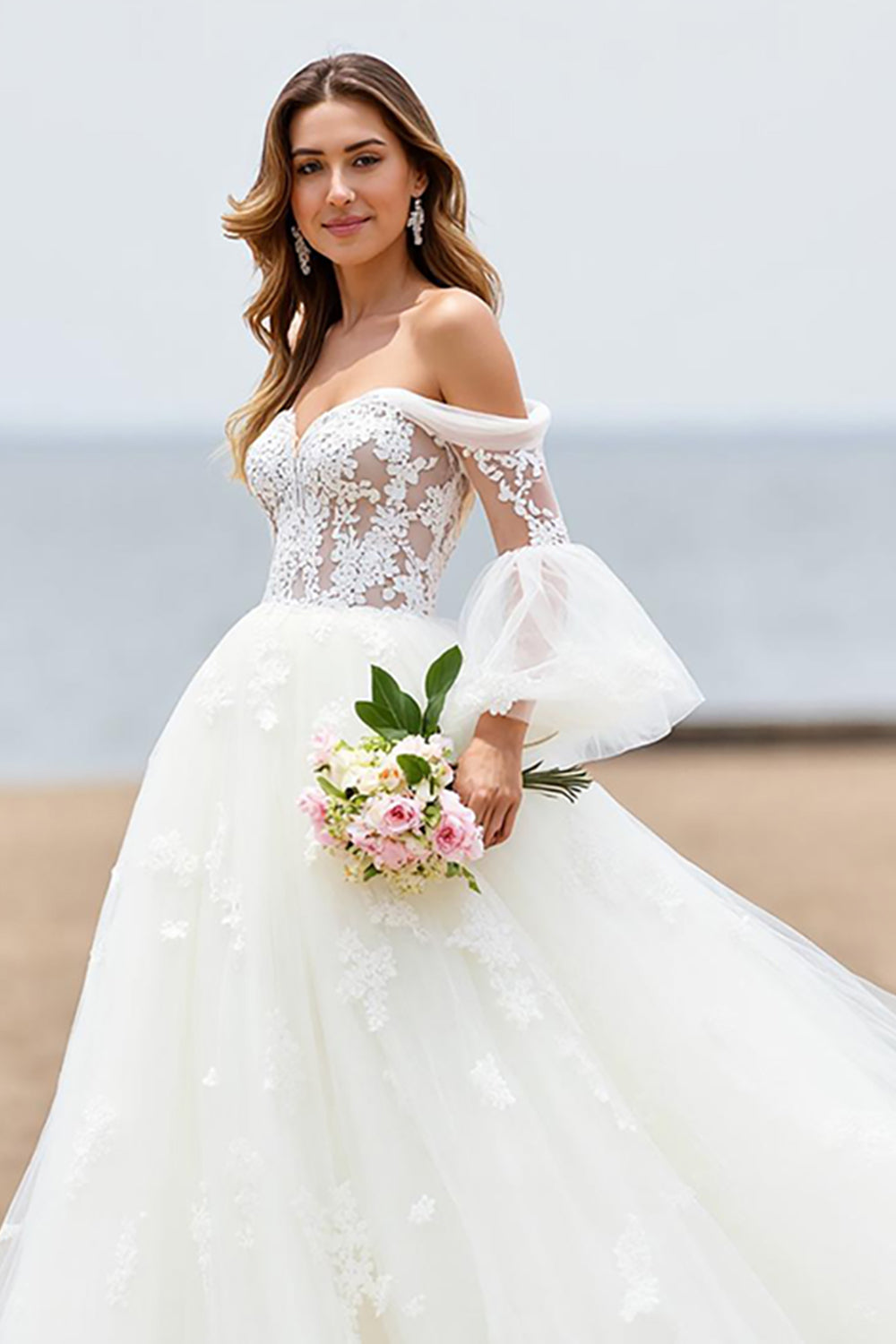 Ivory Off the Shoulder Tulle Sweep Train Wedding Dress with Lace