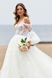 Ivory Off the Shoulder Tulle Sweep Train Wedding Dress with Lace