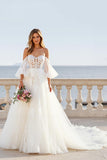 Ivory A Line Off the Shoulder Sweep Train Wedding Dress with Lace