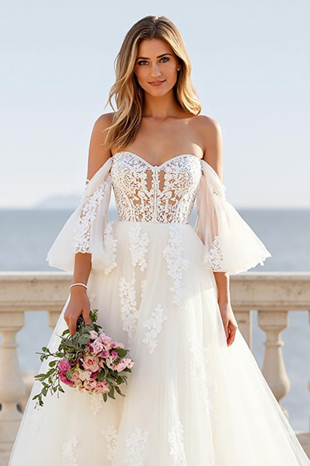 Ivory A Line Off the Shoulder Sweep Train Wedding Dress with Lace