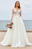 Ivory A Line Floral Sweep Train Wedding Dress with Sleeves