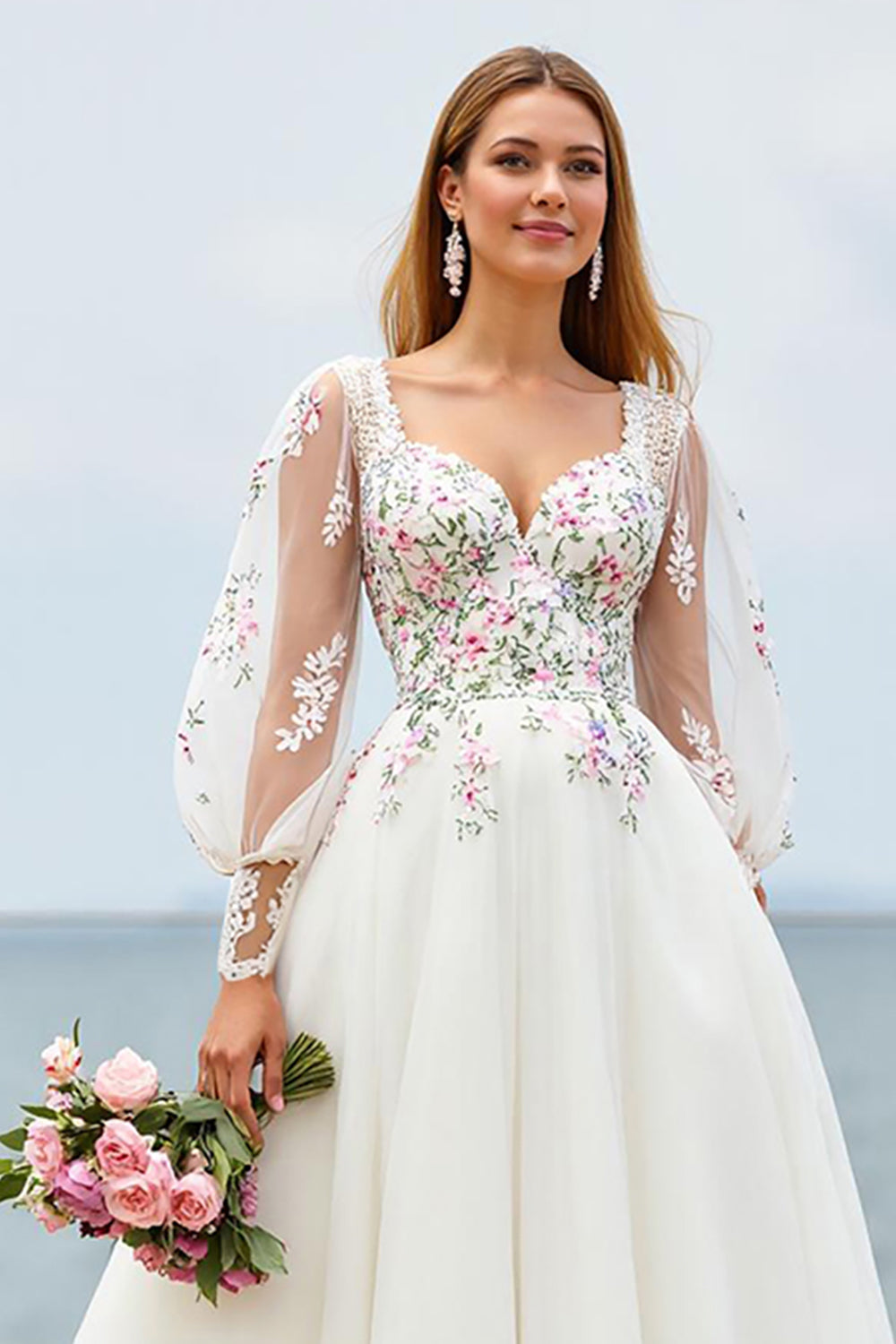 Ivory A Line Floral Sweep Train Wedding Dress with Sleeves