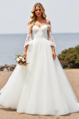 Ivory Off the Shoulder Sweep Train A Line Wedding Dress with Lace