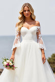 Ivory Off the Shoulder Sweep Train A Line Wedding Dress with Lace
