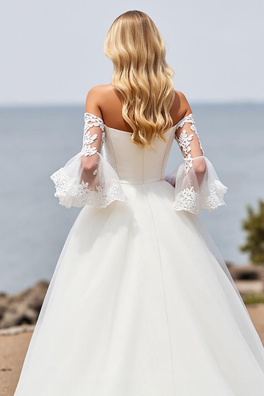 Ivory Off the Shoulder Sweep Train A Line Wedding Dress with Lace