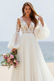Ivory A Line Puff Sleeves Sweep Train Wedding Dress with Lace
