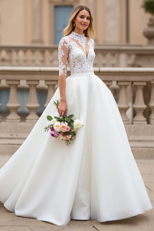 Ivory High Neck A Line Sweep Train Wedding Dress with Lace